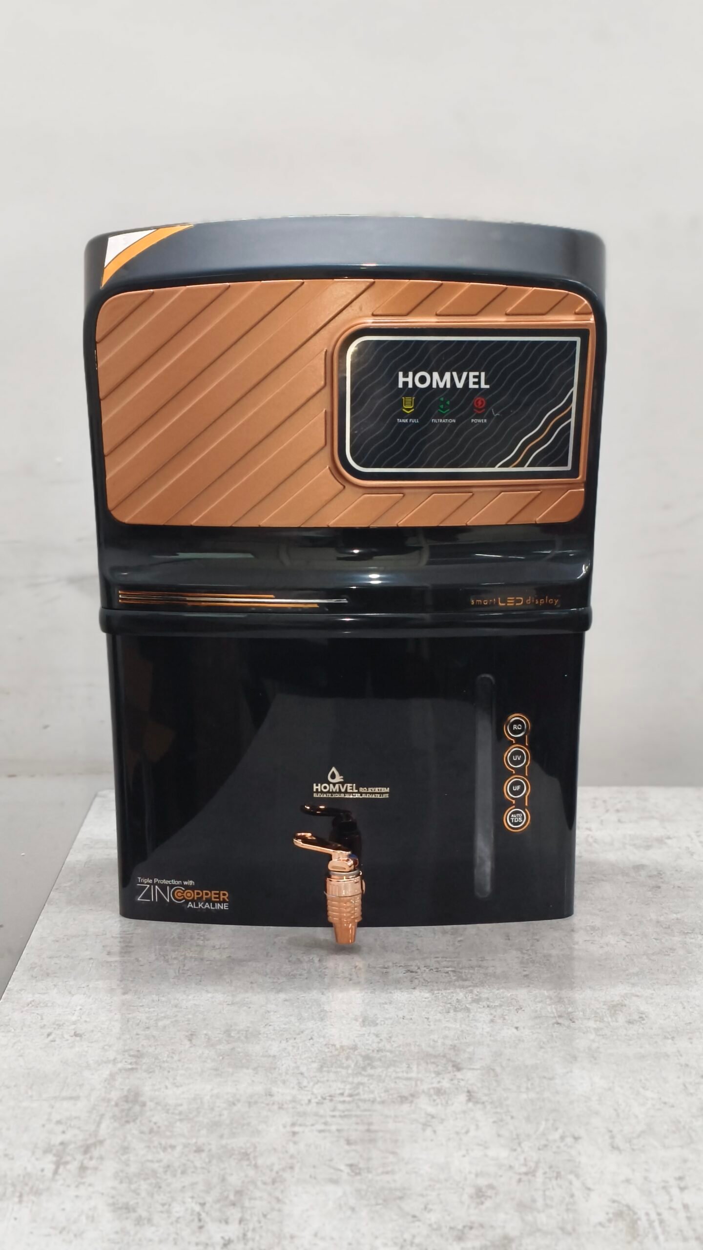 Homvel S-Series RO Water Purifier | RO+UV+UF | Copper + Zinc + Alkaline | Smart LED Display | 10L Storage | Mineral Enrichment – Black